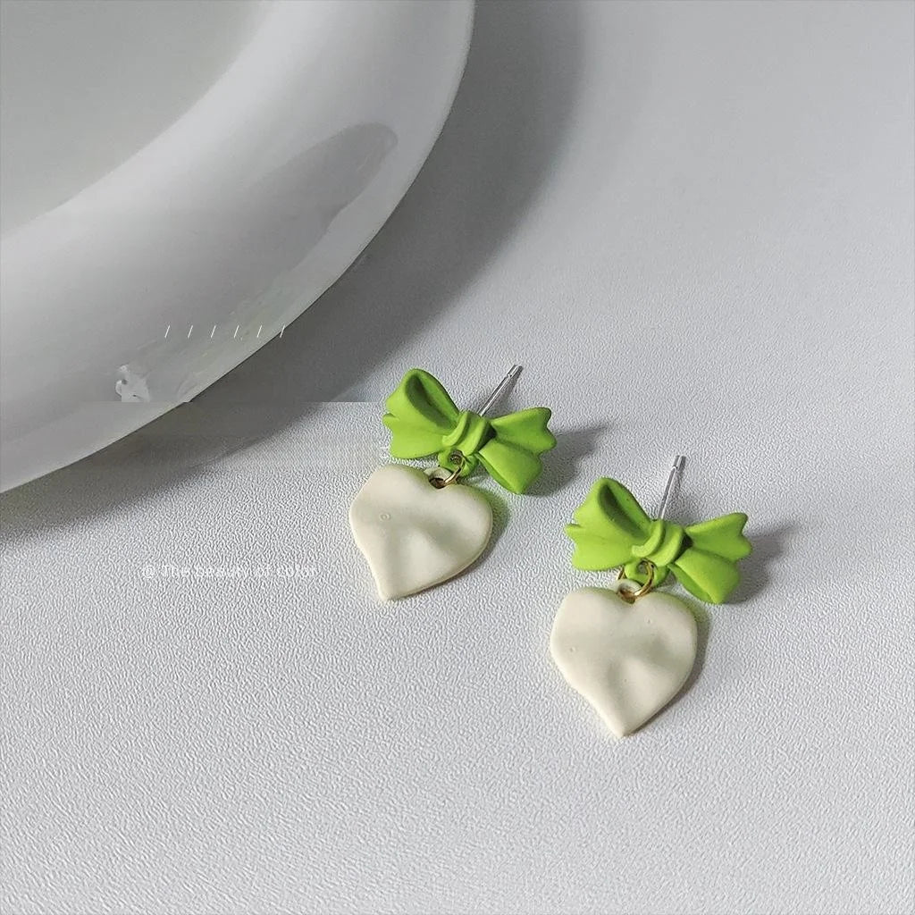 Avocado Green Enamel Bow Heart Stud Earrings Silver Plated Metal Style