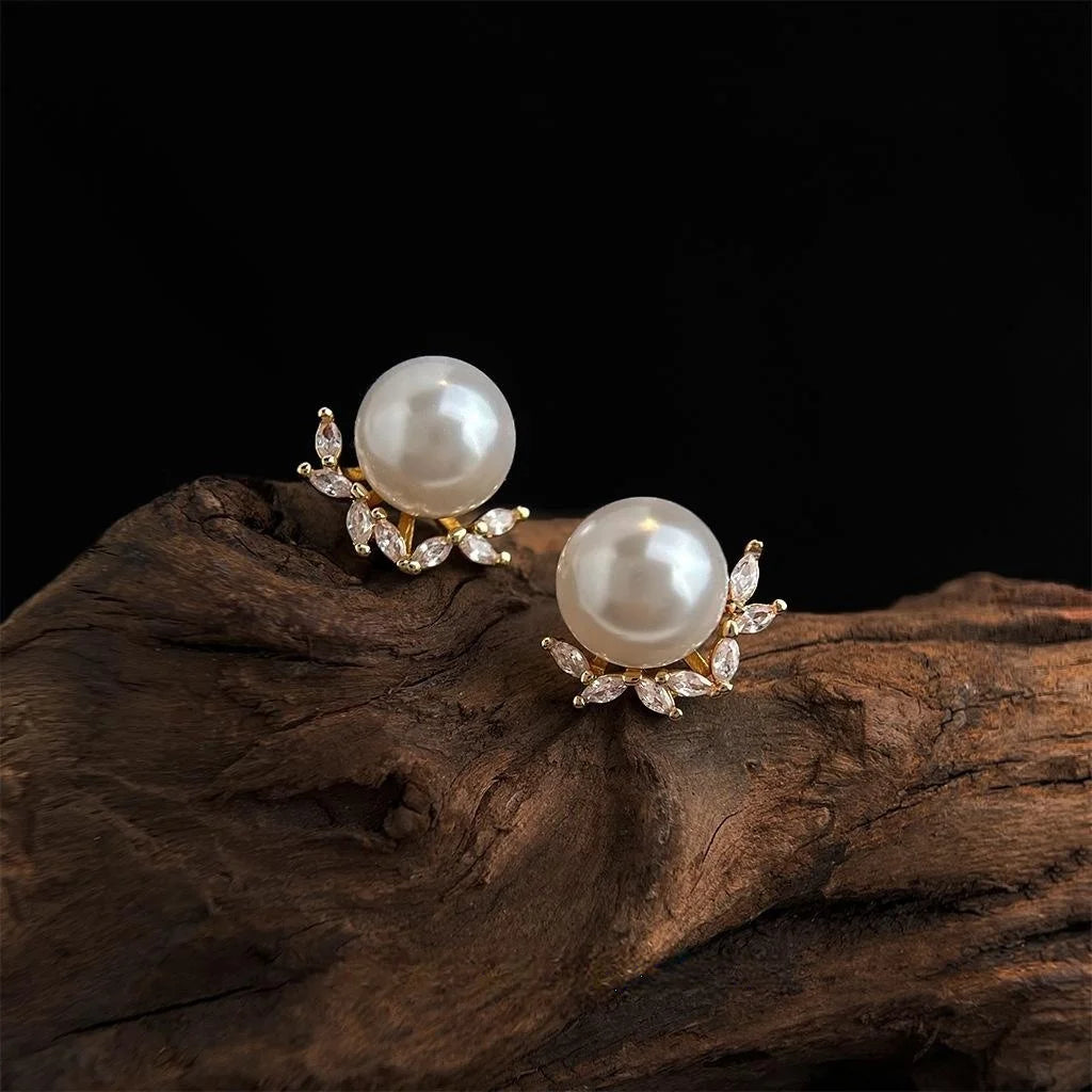 14K Gold Plated Copper Glass Pearl Zircon Floral Leaf Stud Earrings Elegant Commuter Jewelry