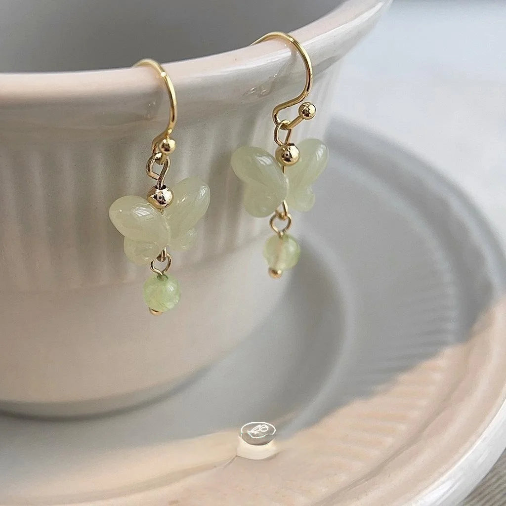 Handmade New Chinese Butterfly Drop Earrings Resin Natural Stone Artistic Designer Jewelry