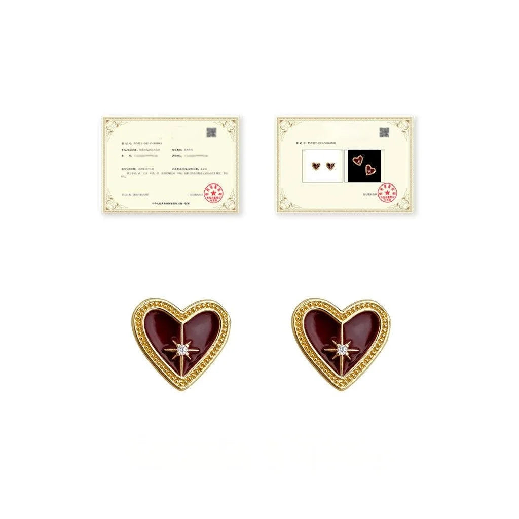 Vintage Burgundy Enamel Heart Star Micro Pave Zircon Stud Earrings Copper
