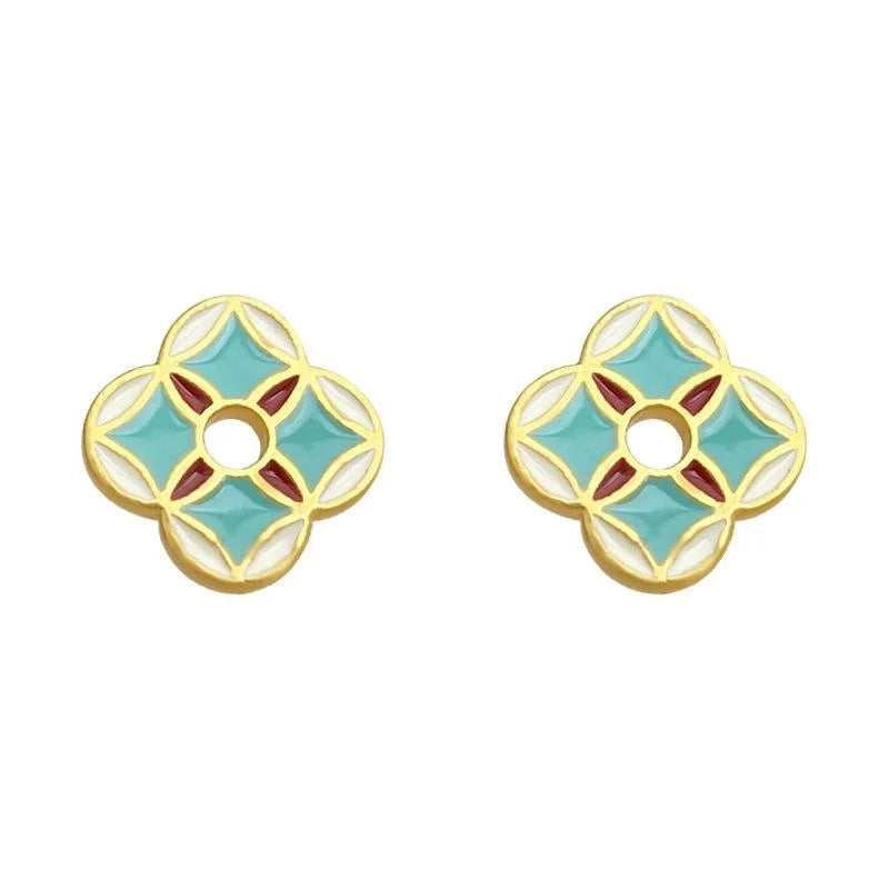 2025 New Chinese Style Copper Geometric Coin Stud Earrings For Women Petite Silver Plated Pin