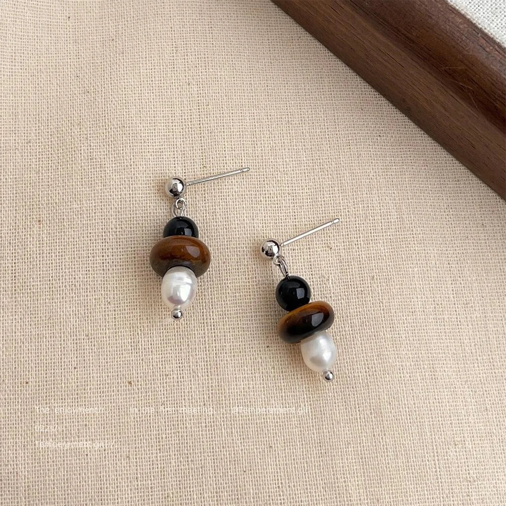 Handmade Vintage Hong Kong Style Freshwater Pearl Tiger Eye Natural Stone Round Oval Hoop Drop Earrings