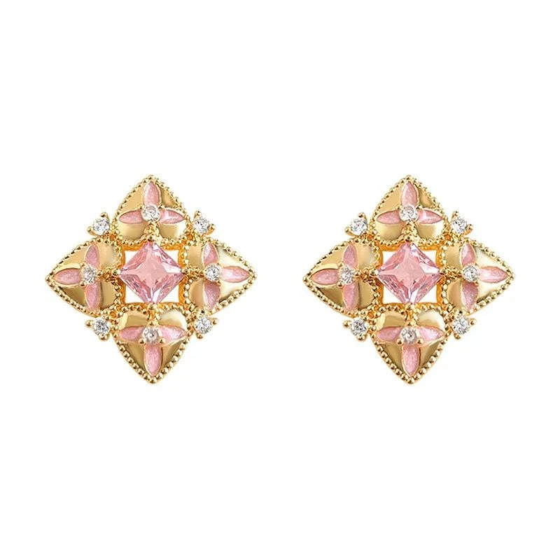 Copper Micro Pave Zircon Painted Geometric Floral Chic Stud Earrings