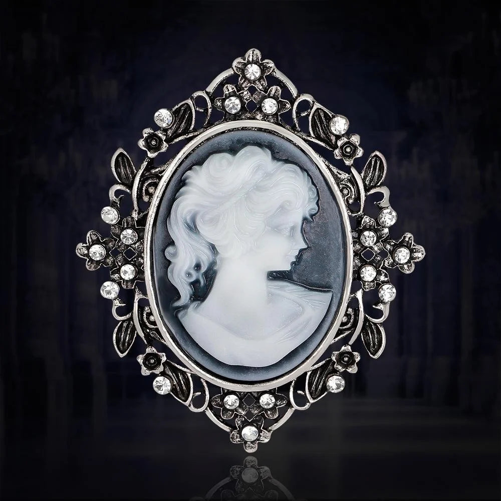 Vintage Queen Cameo Portrait Brooch With Enamel Flowers And Rhinestones, Elegant Lapel Pin Suit Gift