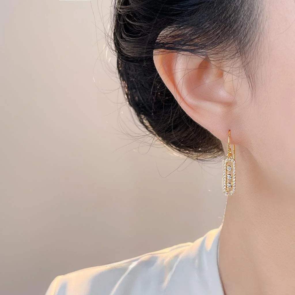 Minimalist French Geometric Oval Bar Zircon Micro Pave Eco Copper Drop Earrings