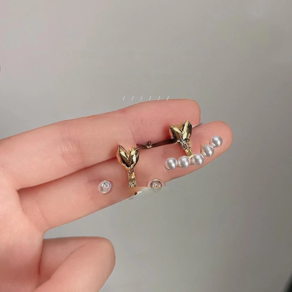 14K Plated Copper Heart Pearl Stud Earrings For Women, Korean Minimalist Two-Way Ear Jewelry