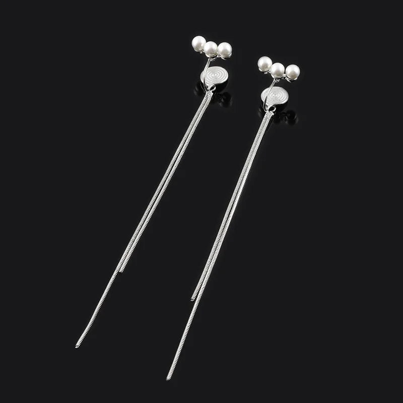 Elegant Pearl Spiral Disc Long Chain Tassel Alloy Stud & Clip On No Piercing Drop Earrings