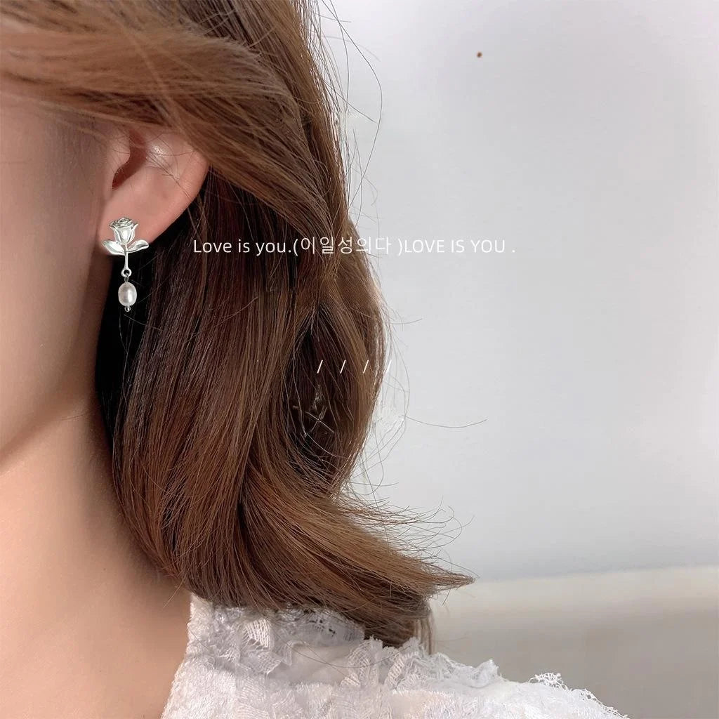 Handmade Rose Flower Stud Earrings With Freshwater Pearl, Matte Silver Plated Copper Luxury Jewelry