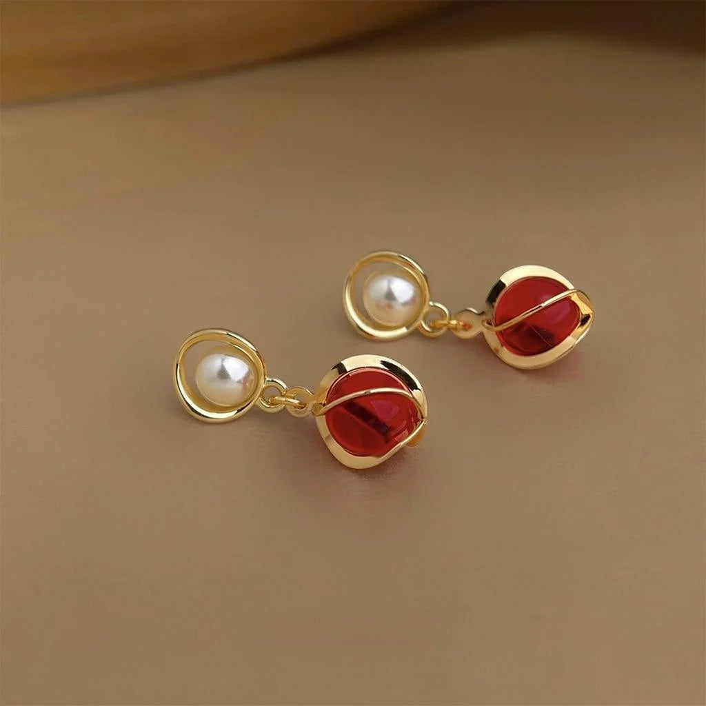 Vintage Burgundy Glass Crystal Drop Earrings With Copper Geometric Teardrop Design