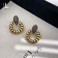 Vintage Oxidized Copper Micro Pave Zircon Oval Geometric Drop Earrings