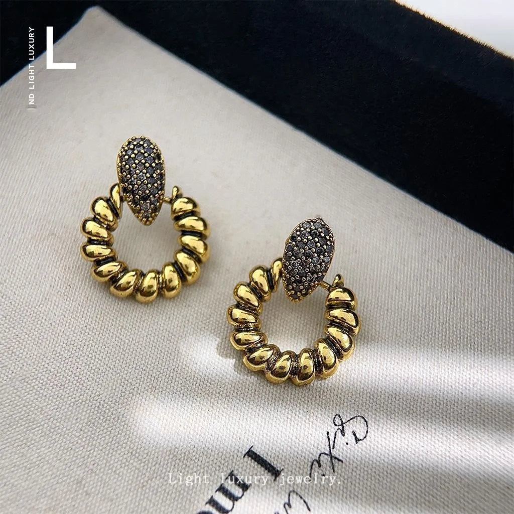 Vintage Oxidized Copper Micro Pave Zircon Oval Geometric Drop Earrings