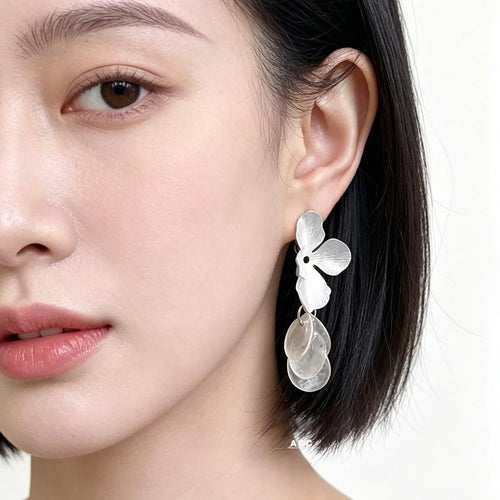 Real Shell Matte Silver Plated Floral Tassel Drop Earrings Fresh Vacation Style