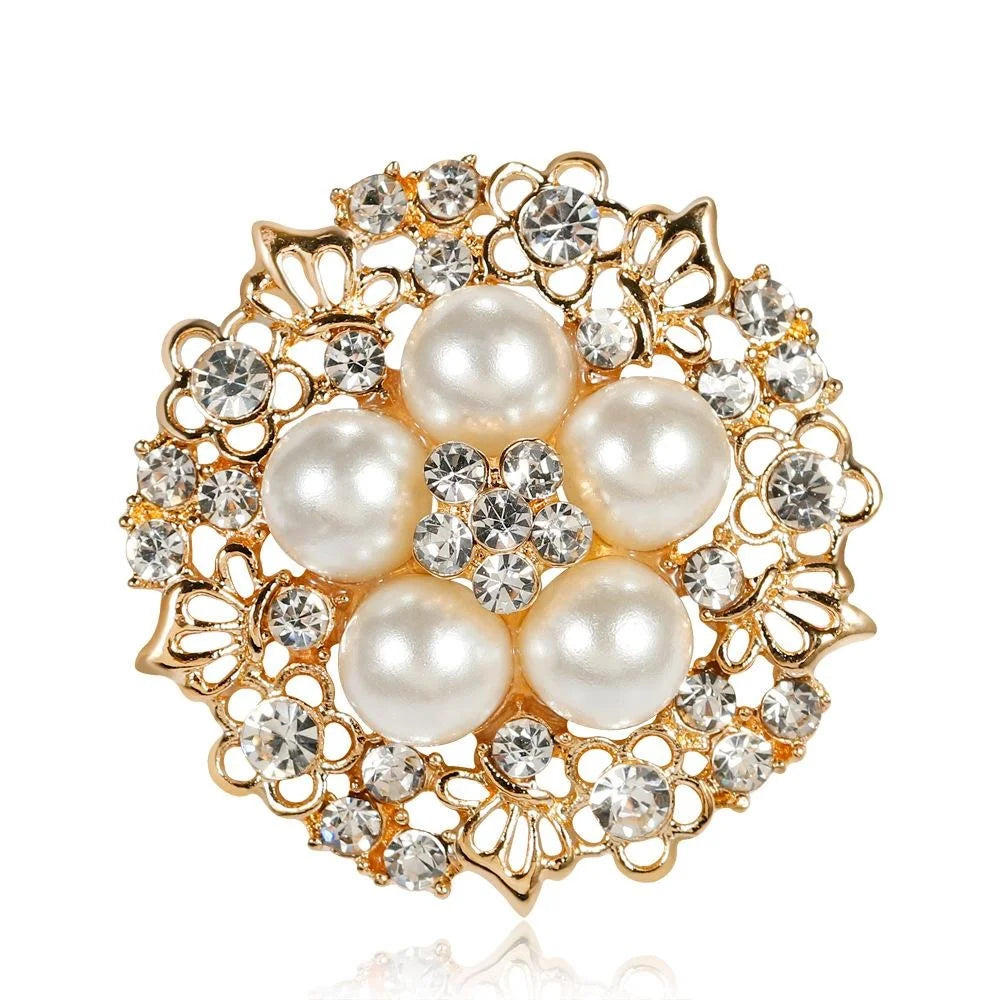 Elegant Floral Alloy Brooch With Faux Pearl And Rhinestone Cluster, Women's Lapel Pin Corsage Gift