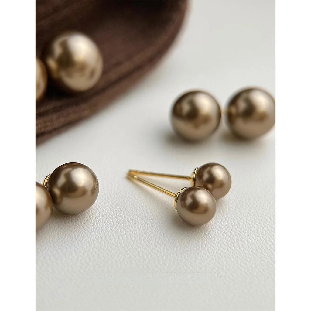 French Vintage Mocha Brown Glass Pearl Round Stud Earrings Minimalist Luxury Fashion Jewelry