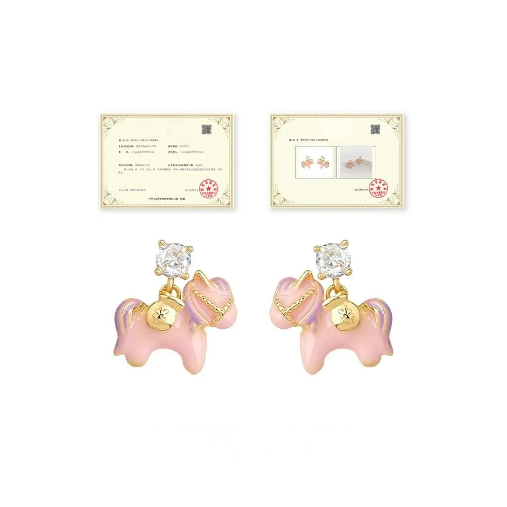 Sweet Pink Pony Zircon Enamel Copper Drop Earrings Chic Animal Jewelry