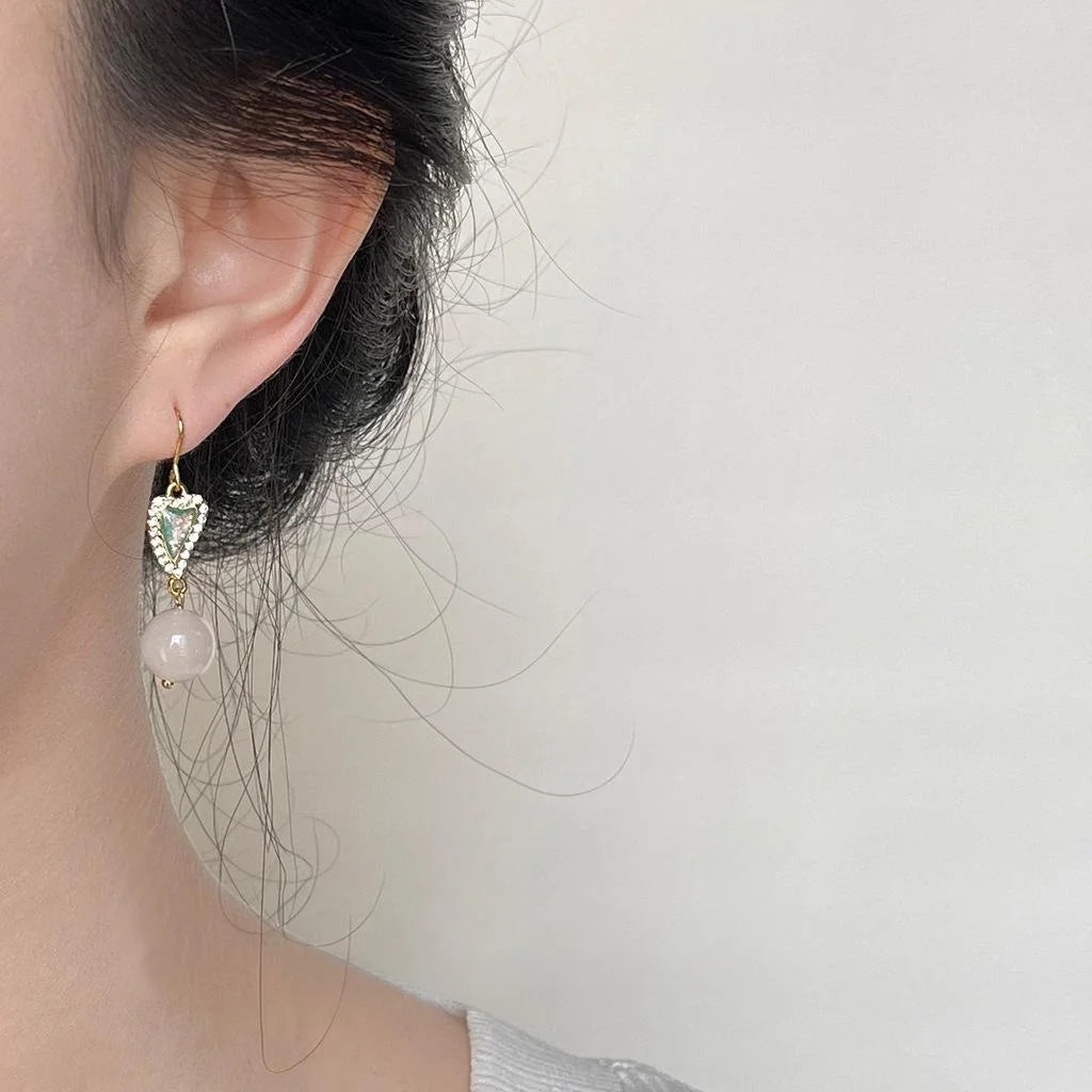 New Chinese White Jade Copper Heart Drop Earrings With Micro Pave Zircon French Vintage Style