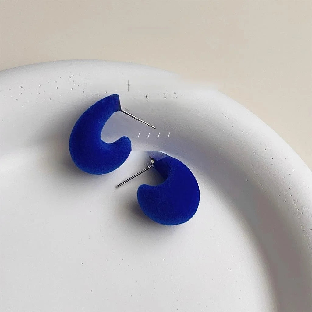 Vintage Royal Blue Flocked Teardrop Drop Earrings, Furry Winter Geometric Hoop Jewelry For Women