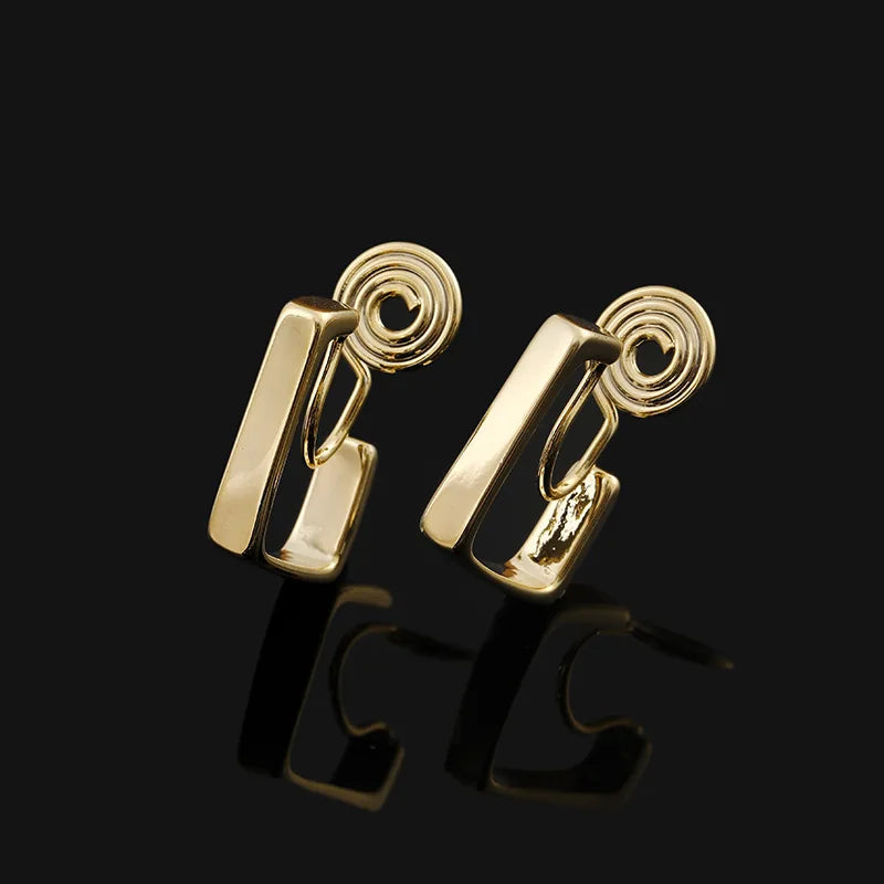 Elegant Gold Alloy Spiral Coil Geometric Stud & Clip On No Piercing Minimalist Metal Earrings