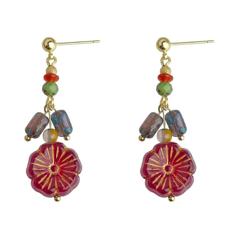 Vintage Ethnic Czech Glass Flower Petal Tassel Drop Earrings Handmade Floral Jewelry