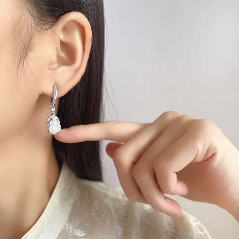 Vintage Chinese Gourd Teardrop Alloy Rhinestone Stud & Clip On No Piercing Dangle Earrings