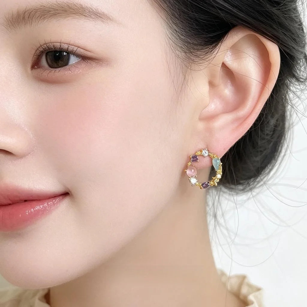 14K Plated Copper Zircon Floral Wreath Stud Earrings Colorful Forest Style Jewelry