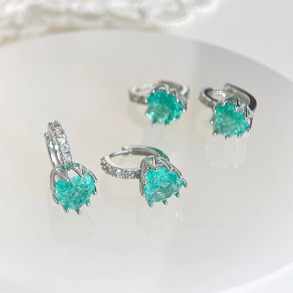 Copper Heart Drop Earrings With Micro Pave Zircon, Blue Green Sweet Minimalist Jewelry