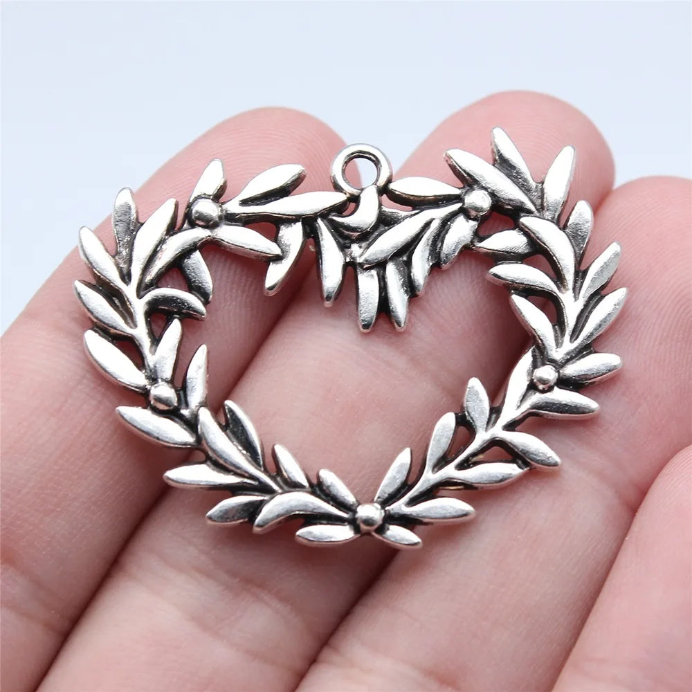 33x43mm 6.3g Antique Silver Zinc Alloy Heart Olive Branch Charm Pendant for DIY Jewelry Making