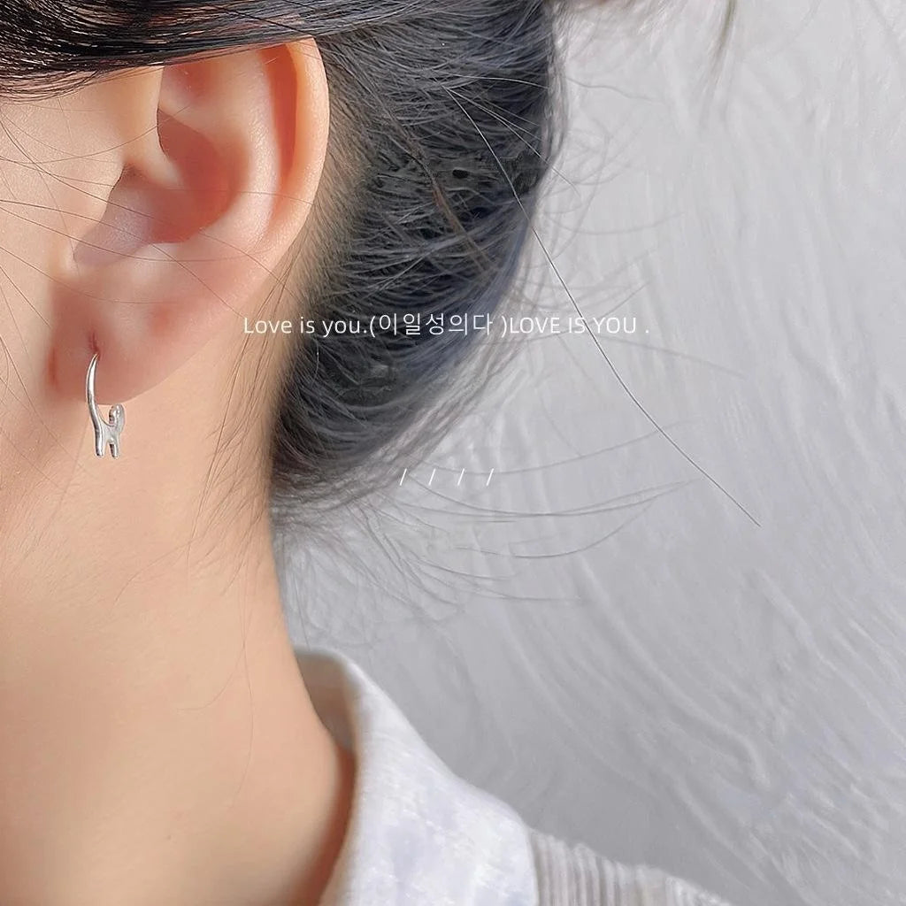 Cute Silver Tone Copper Cat Drop Earrings Minimalist Animal Design Daily Fashion Jewelry