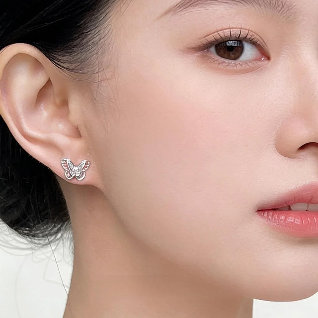 Copper Double Layer 3D Mini Butterfly Stud Earrings Hollow Sweet Chic Spring Summer Jewelry