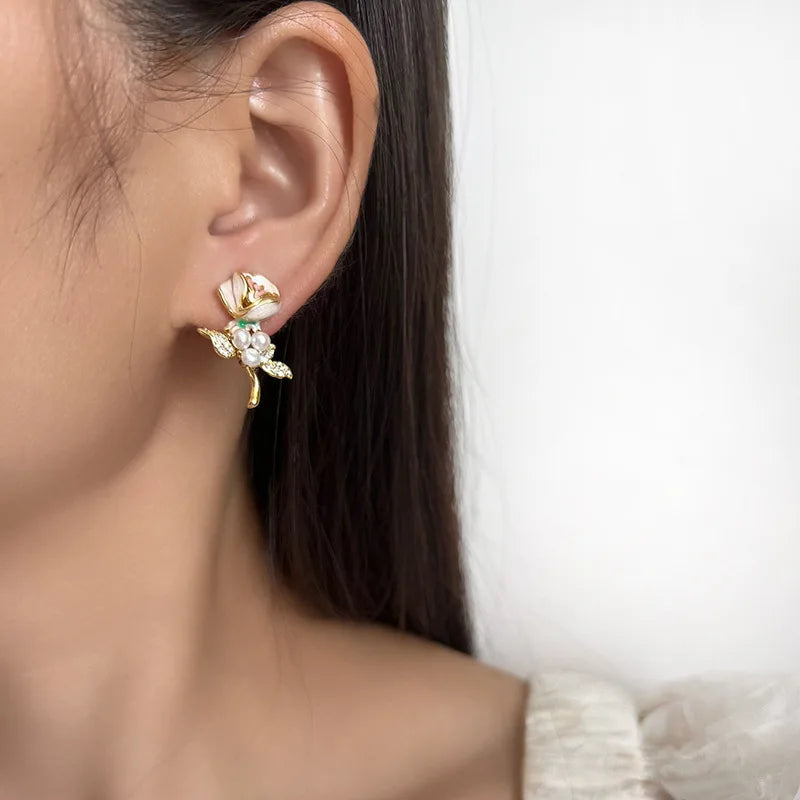 Vintage Elegant Luxury Enamel Rose Flower Pearl Rhinestone Stud & Clip On No Piercing Earrings