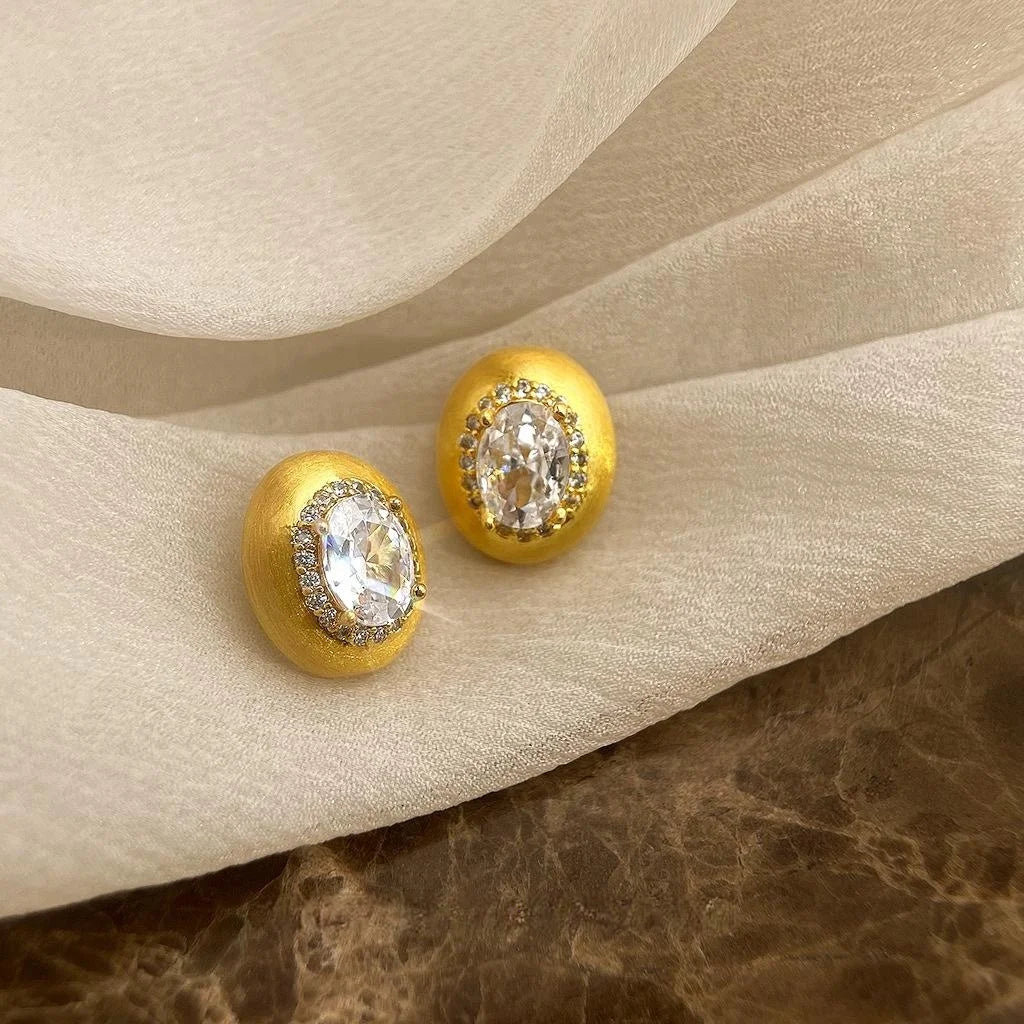 14K Gold Plated Copper Oval Geometric Micro Pave Zircon Stud Earrings, Brushed Light Luxury