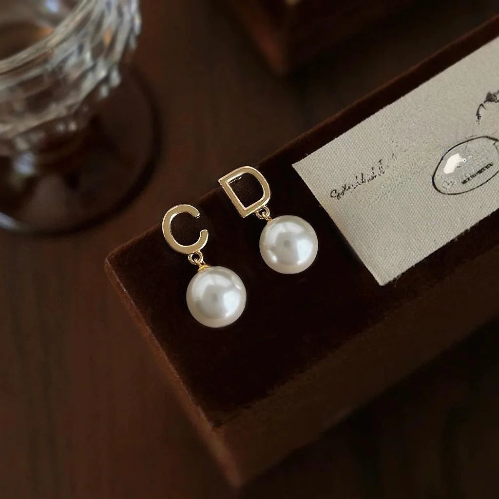 French Luxe Asymmetric Letter Pearl Drop Earrings Copper Hepburn Style Geometric Jewelry