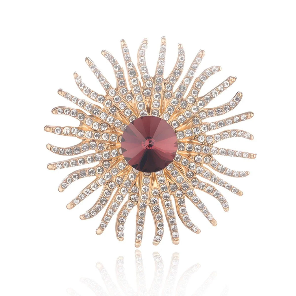 Luxury Sunflower Sunburst Rhinestone Brooch With Blue Glass Center, Elegant Women's Lapel Pin Suit Accessory