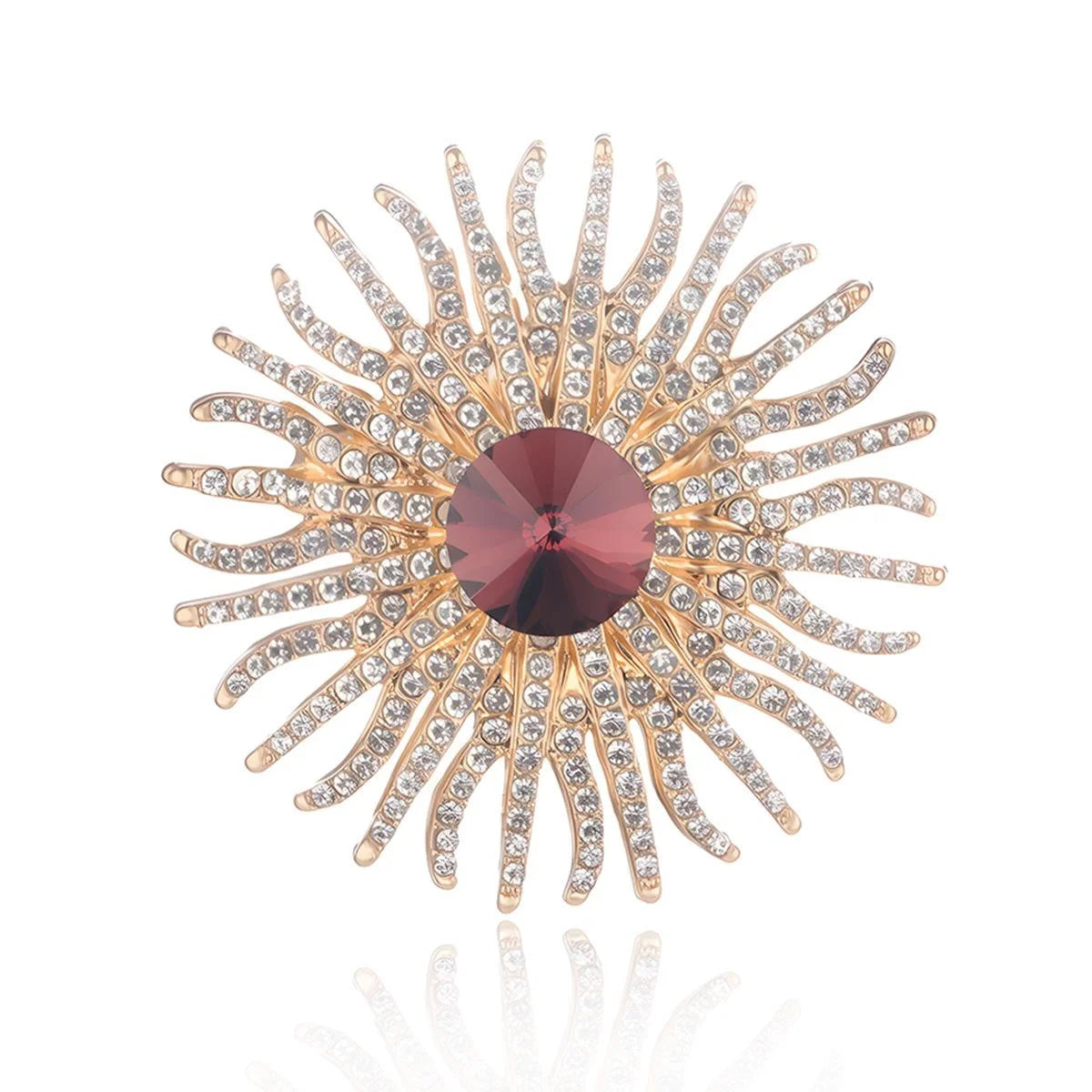 Luxury Sunflower Sunburst Rhinestone Brooch With Blue Glass Center, Elegant Women's Lapel Pin Suit Accessory