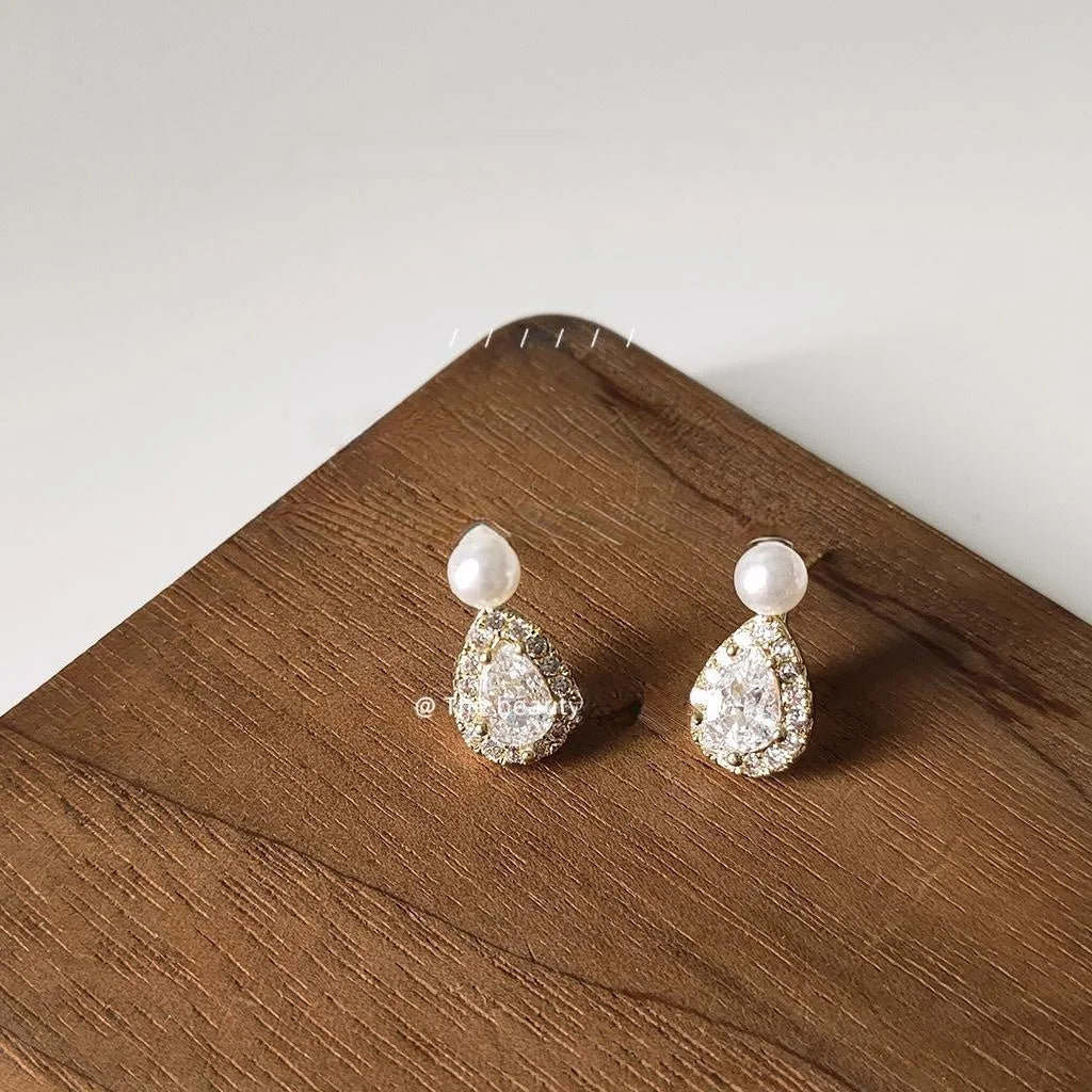 Mini 14K Gold Plated Copper Teardrop Stud Earrings With Micro Pave Zircon For Women