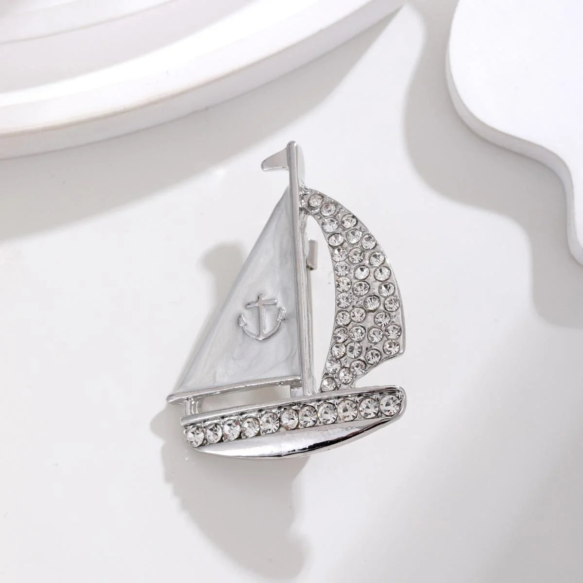 Elegant Sailboat Brooch With White Enamel Sails And Rhinestone Hull, Nautical Lapel Pin Suit Accessory Gift
