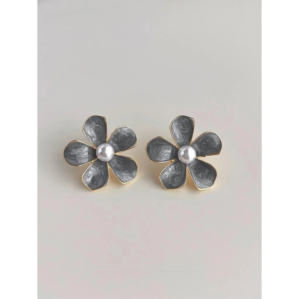 French Vintage Haze Blue Enamel Flower Pearl Alloy Stud Earrings For Women