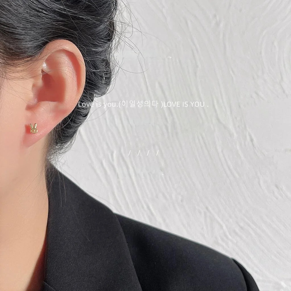 Minimalist 6 Piece Copper Stud Earrings, Gold Bead Rabbit And Good Fortune Text