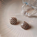 Maillard Colorblock Plaid Geometric Copper Stud Earrings French Retro Square Enamel Style