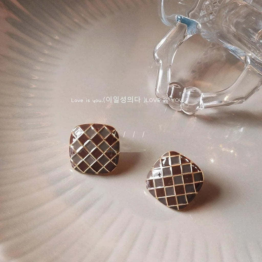 Maillard Colorblock Plaid Geometric Copper Stud Earrings French Retro Square Enamel Style