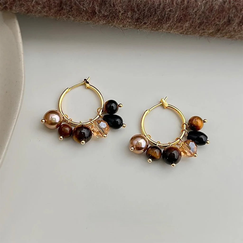 Handmade Vintage Geometric Copper Hoop Earrings With Tiger Eye Stone Glass Pearl Crystal Black Agate