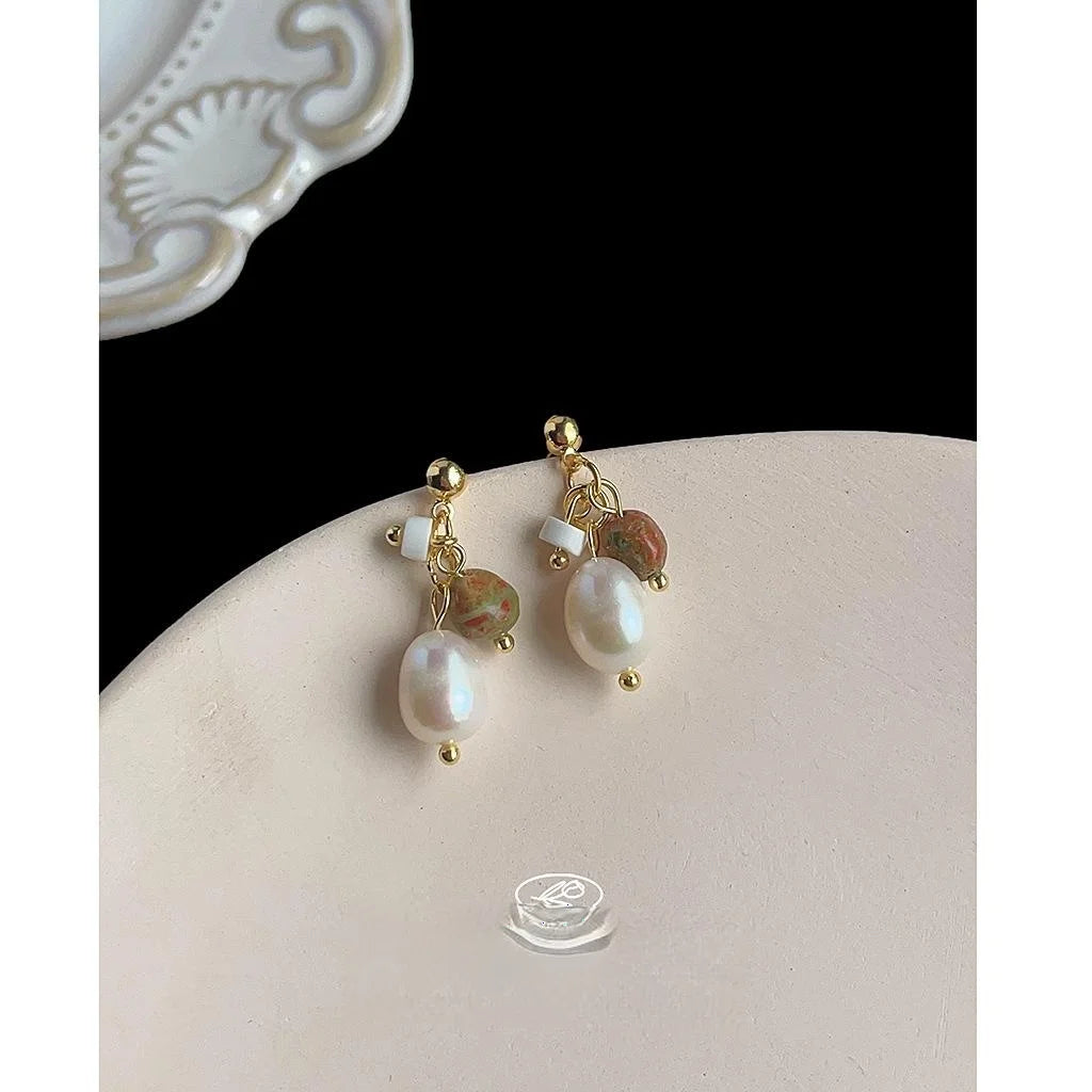 Geometric Freshwater Pearl Natural Stone Tassel Stud Earrings With Silver Plated