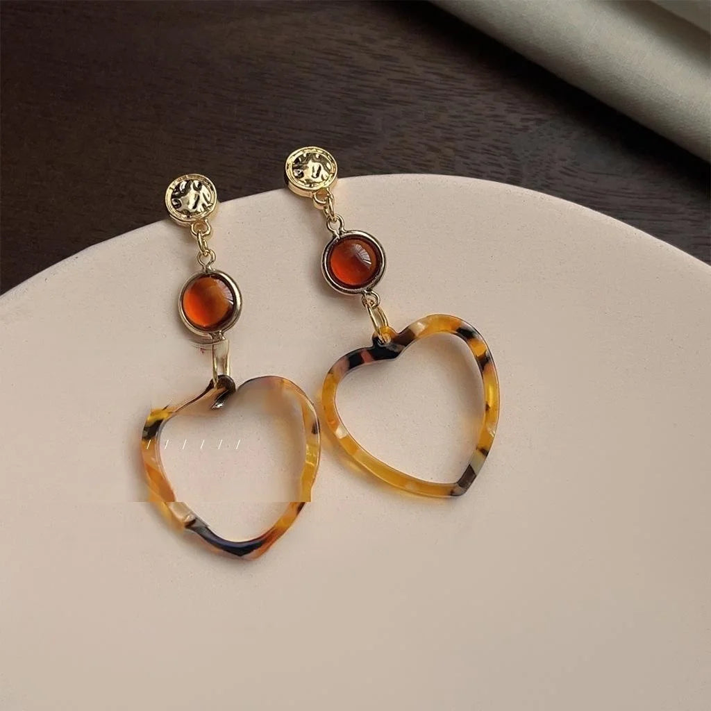 Original Design Leopard Print Hollow Heart Drop Earrings Copper Handmade Maillard Style