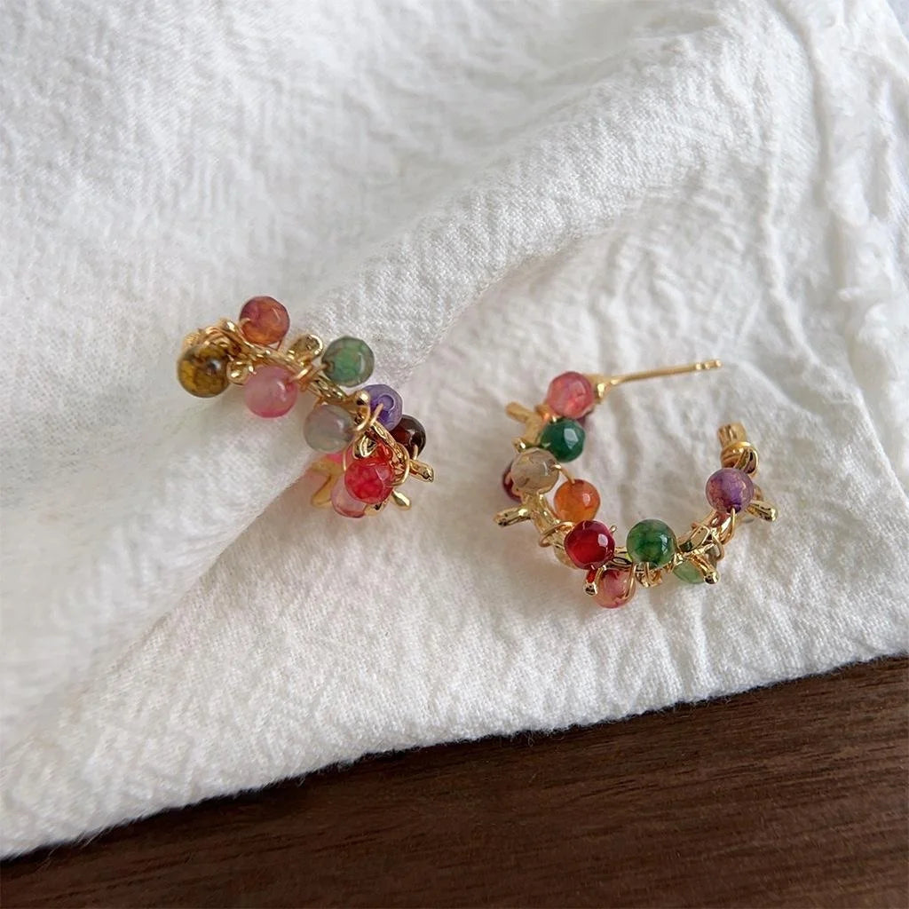 14K Gold Plated Agate Geometric Floral Wreath Drop Earrings Handmade Forest Fairy Style Summer Jewelry