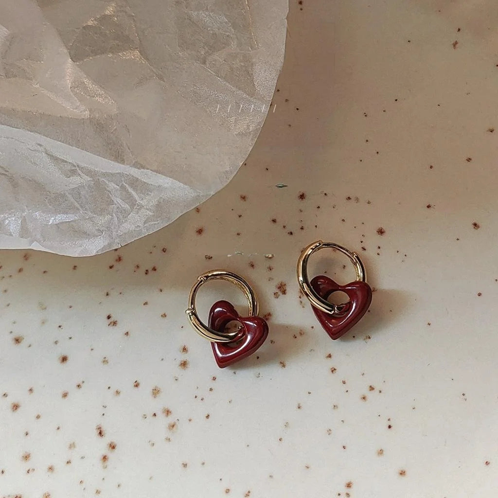 Flamenco Red Enamel Heart Copper Drop Earrings French Style Two Way Ear Cuff Jewelry