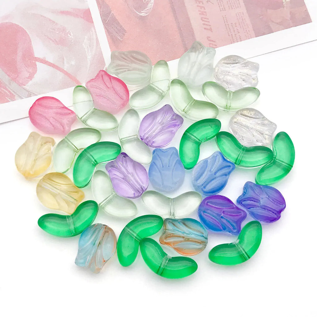 Gradient Glass Tulip Rose Flower Loose Leaf Beads for Bracelet, Necklace and Hair Accessories
