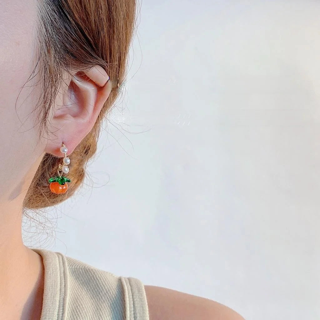Vintage New Chinese Handmade Glass Persimmon Freshwater Pearl Drop Earrings Autumn Fruit Jewelry