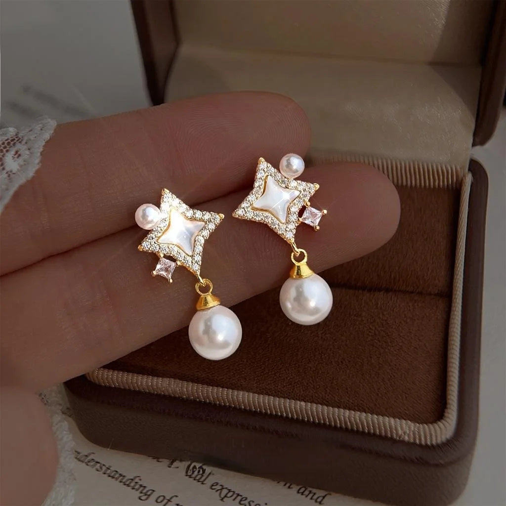 Light Luxury Copper Real Shell Zircon Pearl Tassel Starburst Drop Earrings For Women