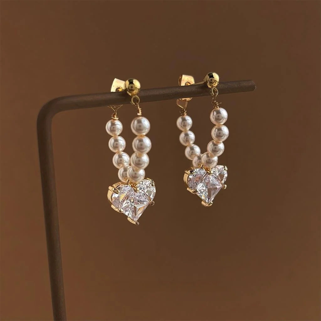 French Vintage 14K Plated Glass Pearl Zircon Heart Geometric Drop Earrings for Women