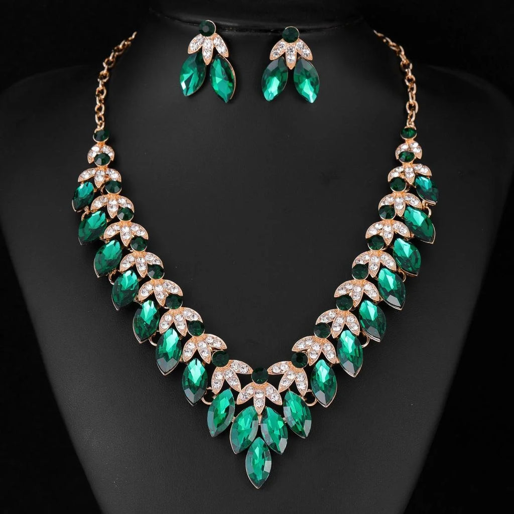 Luxury Vintage Emerald Green Crystal Rhinestone Necklace And Earrings Jewelry Set For Women Wedding Party Gift